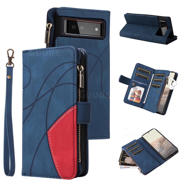 Luxury Two-color Stitching Multi-function Zipper Leather Wallet Case Cover for Google Pixel 6 - Blue