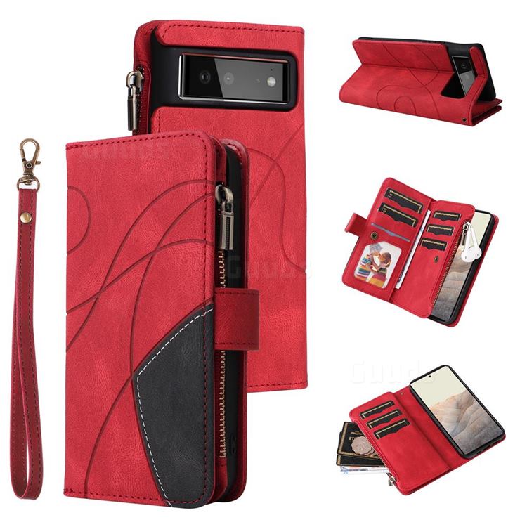 Luxury Two-color Stitching Multi-function Zipper Leather Wallet Case Cover for Google Pixel 6 - Red