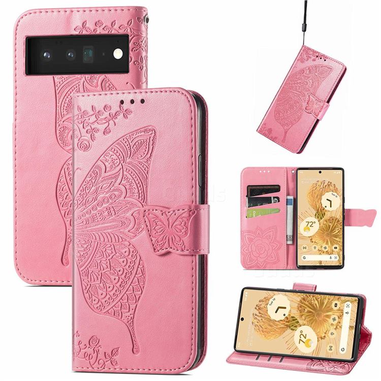 Embossing Mandala Flower Butterfly Leather Wallet Case for Google Pixel 6 - Pink