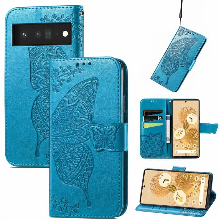Embossing Mandala Flower Butterfly Leather Wallet Case for Google Pixel 6 - Blue