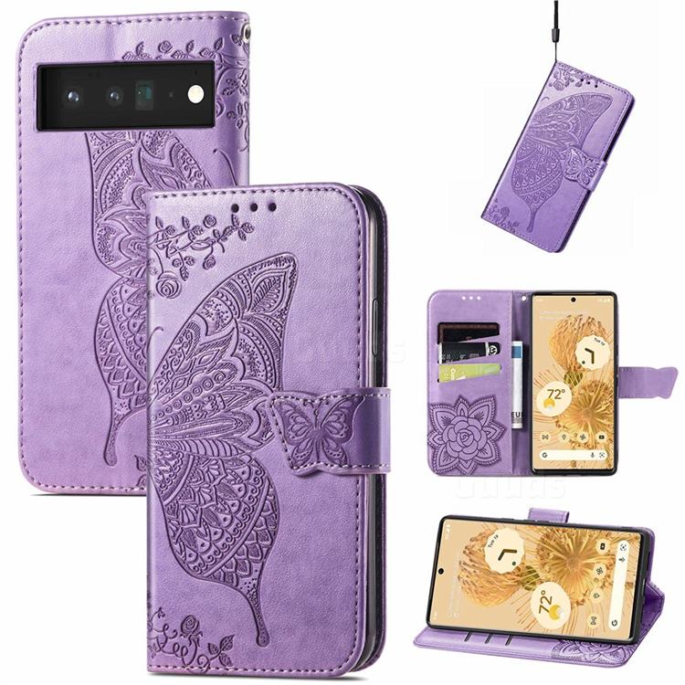 Embossing Mandala Flower Butterfly Leather Wallet Case for Google Pixel 6 - Light Purple
