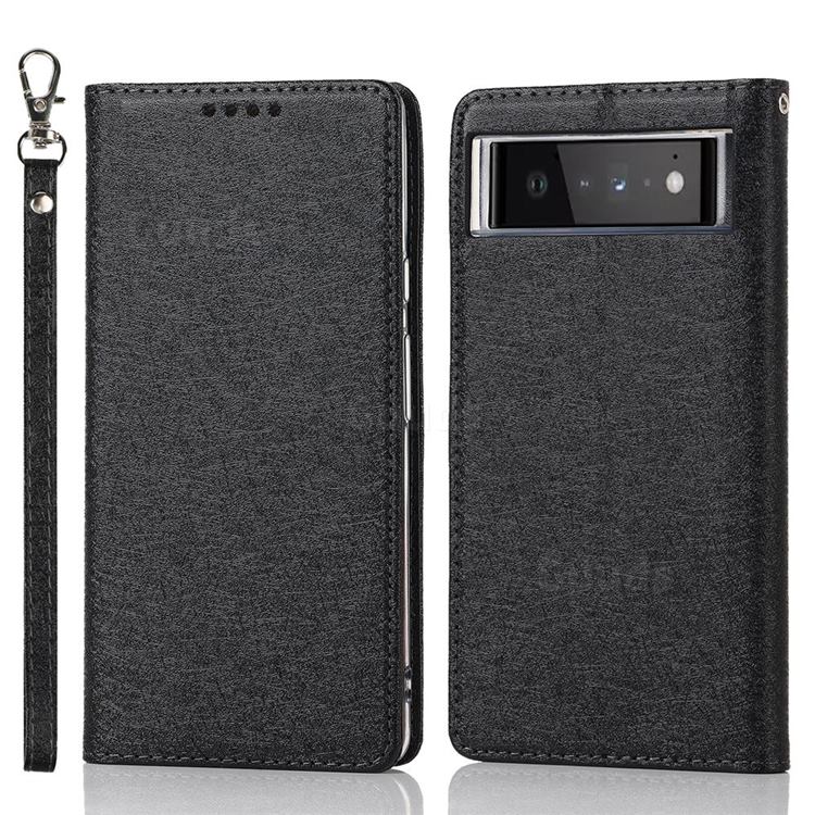 Ultra Slim Magnetic Automatic Suction Silk Lanyard Leather Flip Cover for Google Pixel 6 - Black