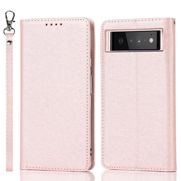 Ultra Slim Magnetic Automatic Suction Silk Lanyard Leather Flip Cover for Google Pixel 6 - Rose Gold