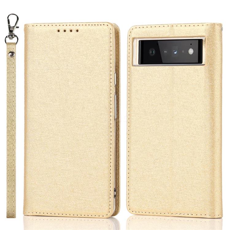 Ultra Slim Magnetic Automatic Suction Silk Lanyard Leather Flip Cover for Google Pixel 6 - Golden