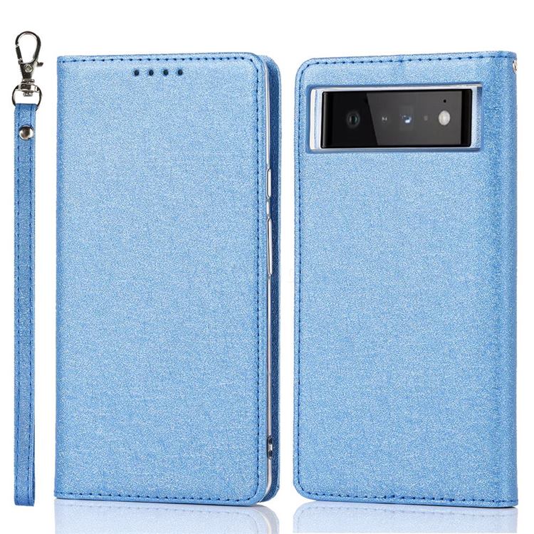 Ultra Slim Magnetic Automatic Suction Silk Lanyard Leather Flip Cover for Google Pixel 6 - Sky Blue