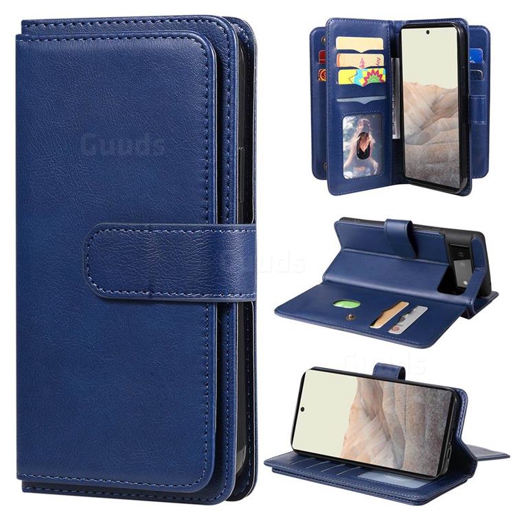 Multi-function Ten Card Slots and Photo Frame PU Leather Wallet Phone Case Cover for Google Pixel 6 - Dark Blue