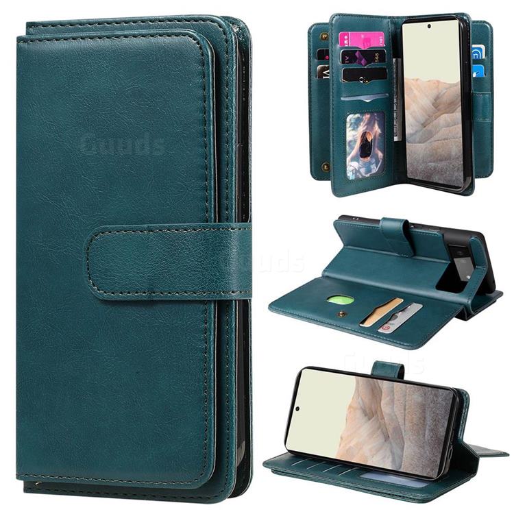 Multi-function Ten Card Slots and Photo Frame PU Leather Wallet Phone Case Cover for Google Pixel 6 - Dark Green