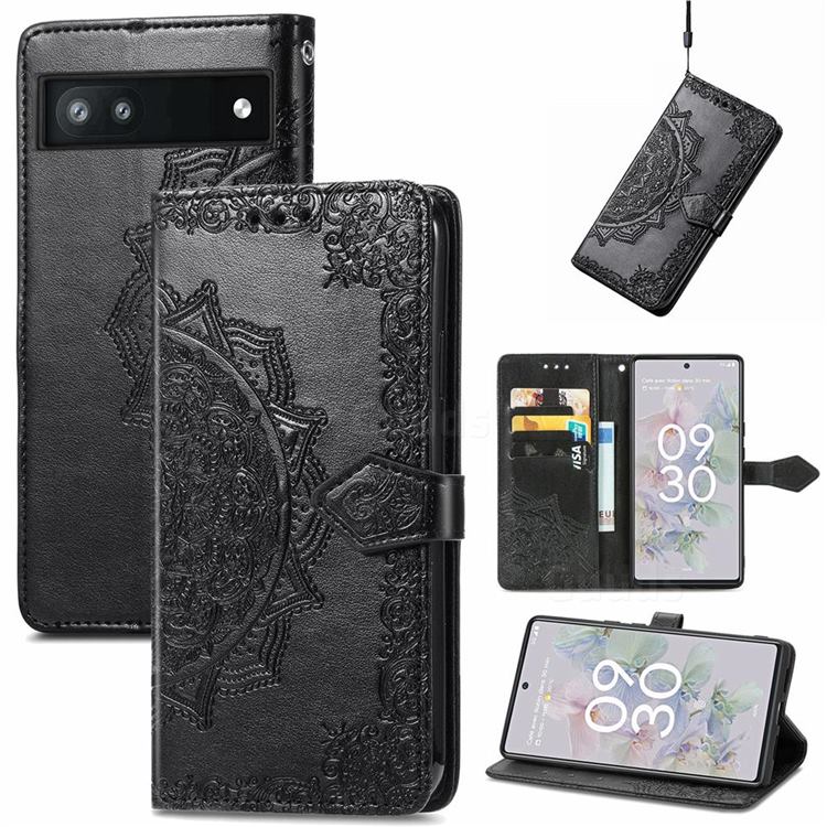 Embossing Imprint Mandala Flower Leather Wallet Case for Google Pixel 6a - Black