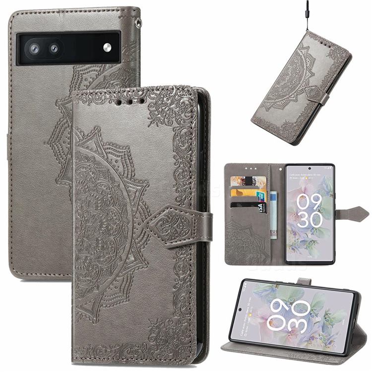 Embossing Imprint Mandala Flower Leather Wallet Case for Google Pixel 6a - Gray