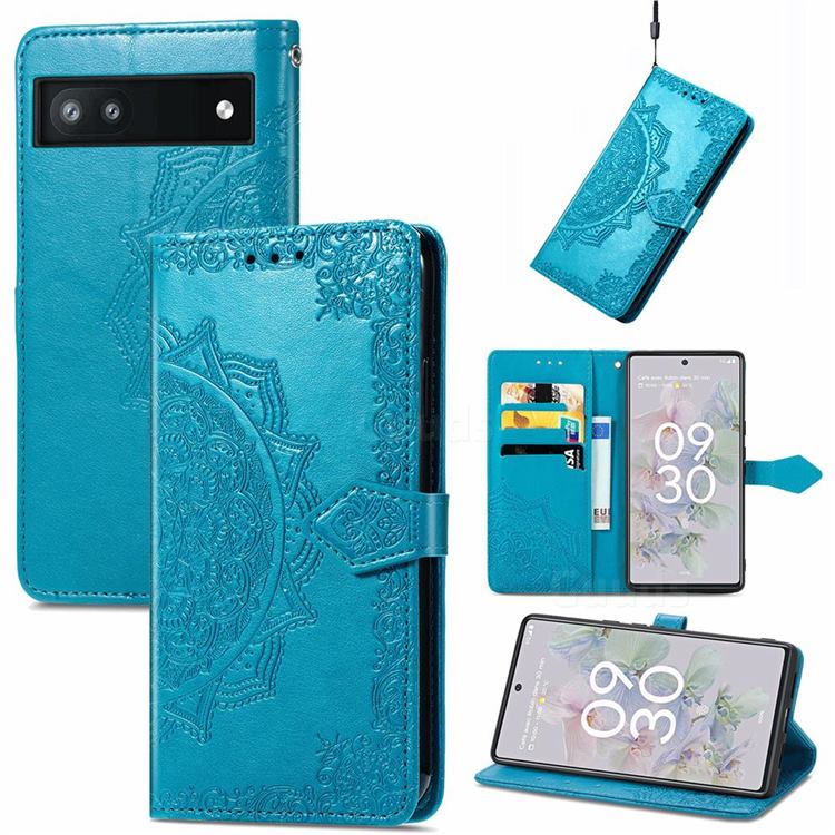 Embossing Imprint Mandala Flower Leather Wallet Case for Google Pixel 6a - Blue