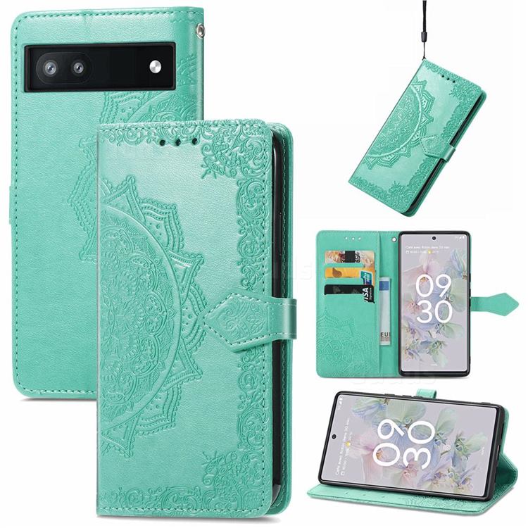 Embossing Imprint Mandala Flower Leather Wallet Case for Google Pixel 6a - Green
