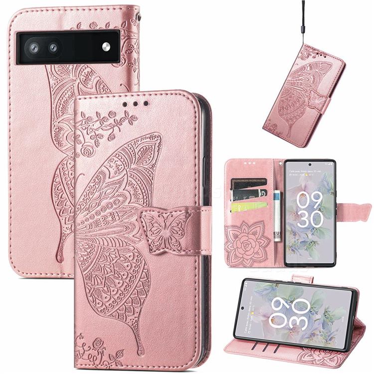 Embossing Mandala Flower Butterfly Leather Wallet Case for Google Pixel 6a - Rose Gold