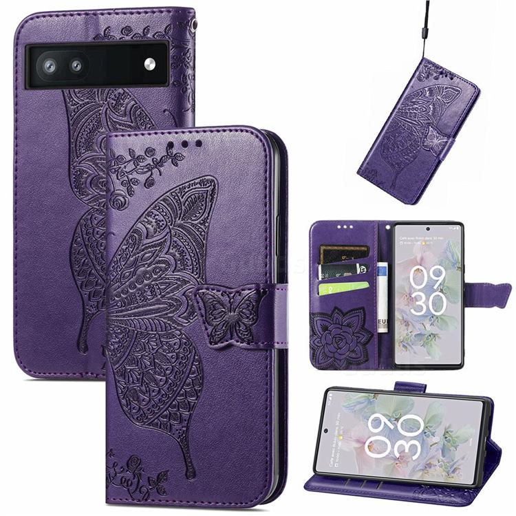Embossing Mandala Flower Butterfly Leather Wallet Case for Google Pixel 6a - Dark Purple