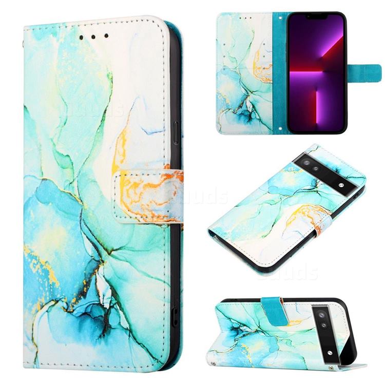 Green Illusion Marble Leather Wallet Protective Case for Google Pixel 6a