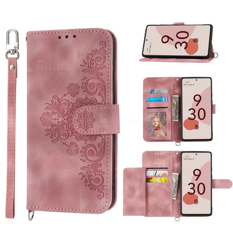 Skin Feel Embossed Lace Flower Multiple Card Slots Leather Wallet Phone Case for Google Pixel 6a - Pink