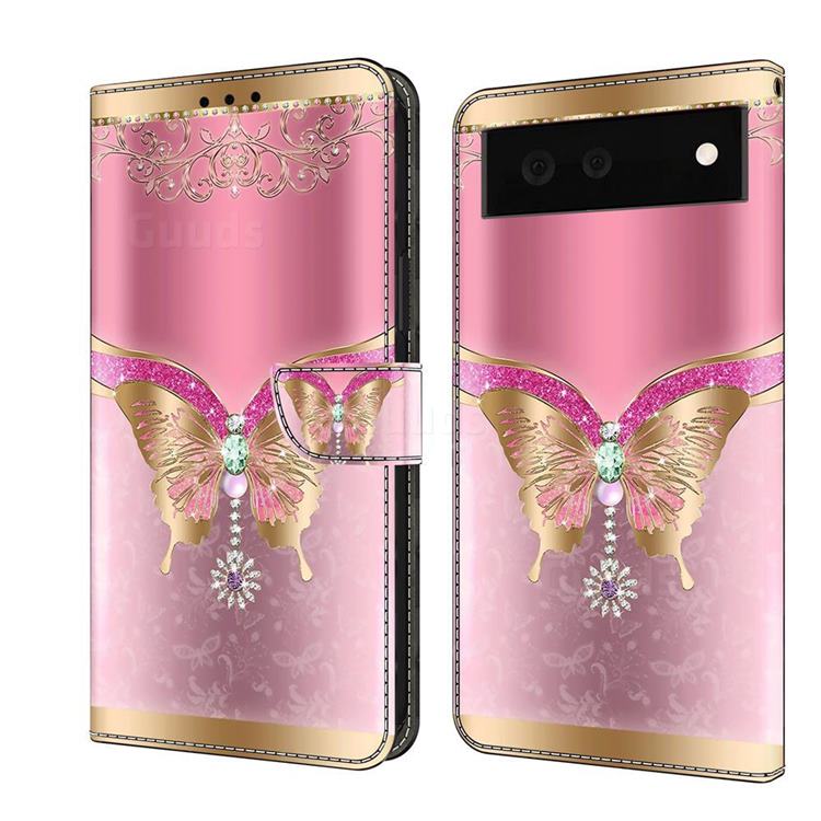 Pink Diamond Butterfly Crystal PU Leather Protective Wallet Case Cover for Google Pixel 6a