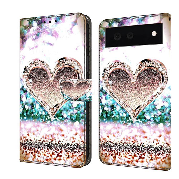 Pink Diamond Heart Crystal PU Leather Protective Wallet Case Cover for Google Pixel 6a