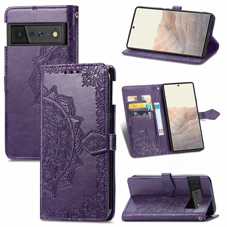 Embossing Imprint Mandala Flower Leather Wallet Case for Google Pixel 6 Pro - Purple