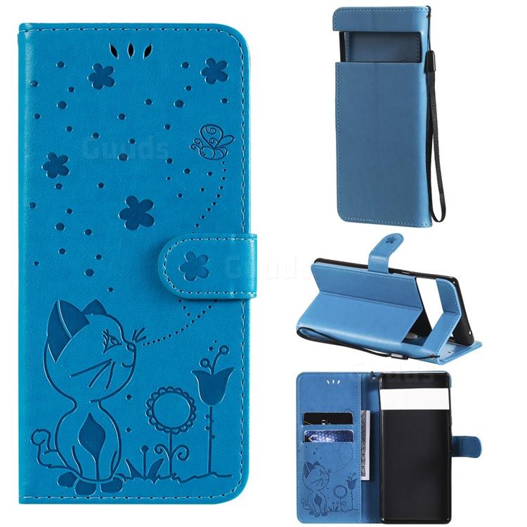 Embossing Bee and Cat Leather Wallet Case for Google Pixel 6 Pro - Blue
