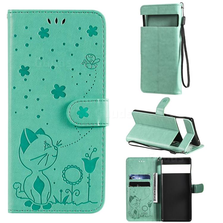 Embossing Bee and Cat Leather Wallet Case for Google Pixel 6 Pro - Green