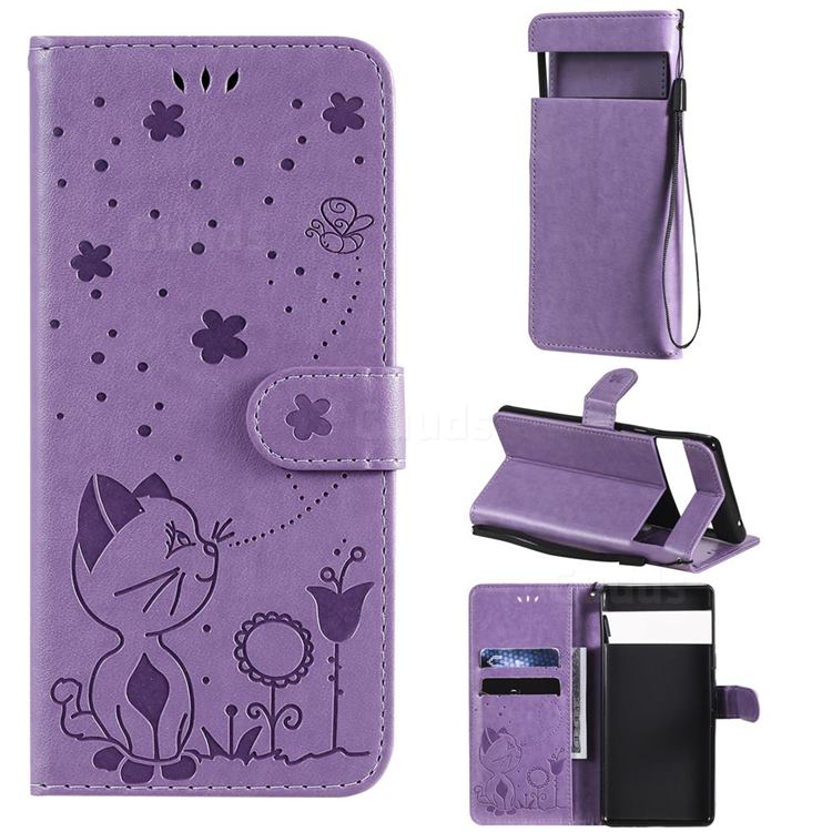 Embossing Bee and Cat Leather Wallet Case for Google Pixel 6 Pro - Purple