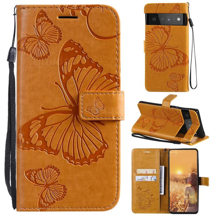 Embossing 3D Butterfly Leather Wallet Case for Google Pixel 6 Pro - Yellow