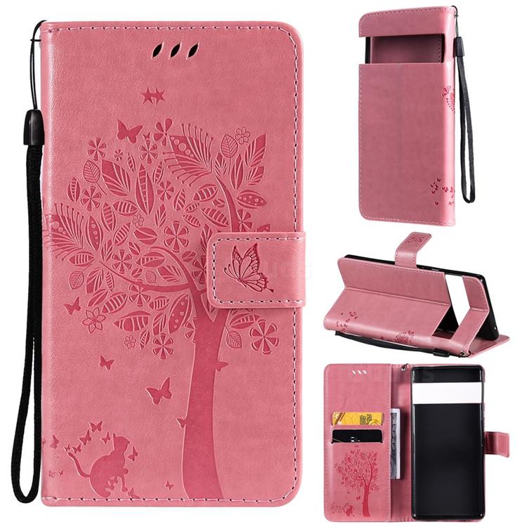 Embossing Butterfly Tree Leather Wallet Case for Google Pixel 6 Pro - Pink