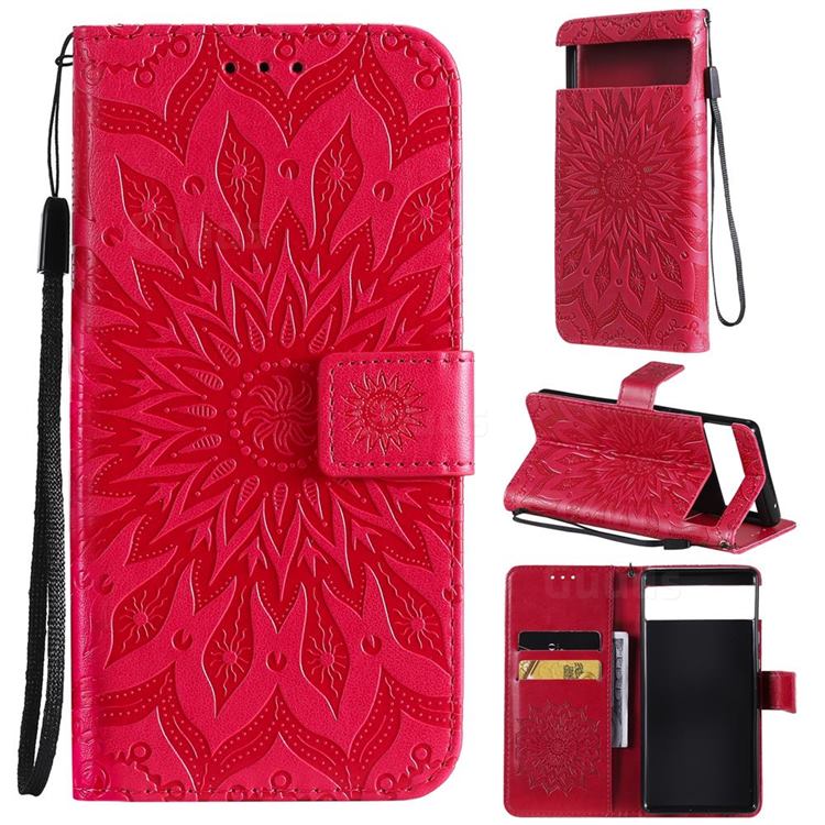 Embossing Sunflower Leather Wallet Case for Google Pixel 6 Pro - Red