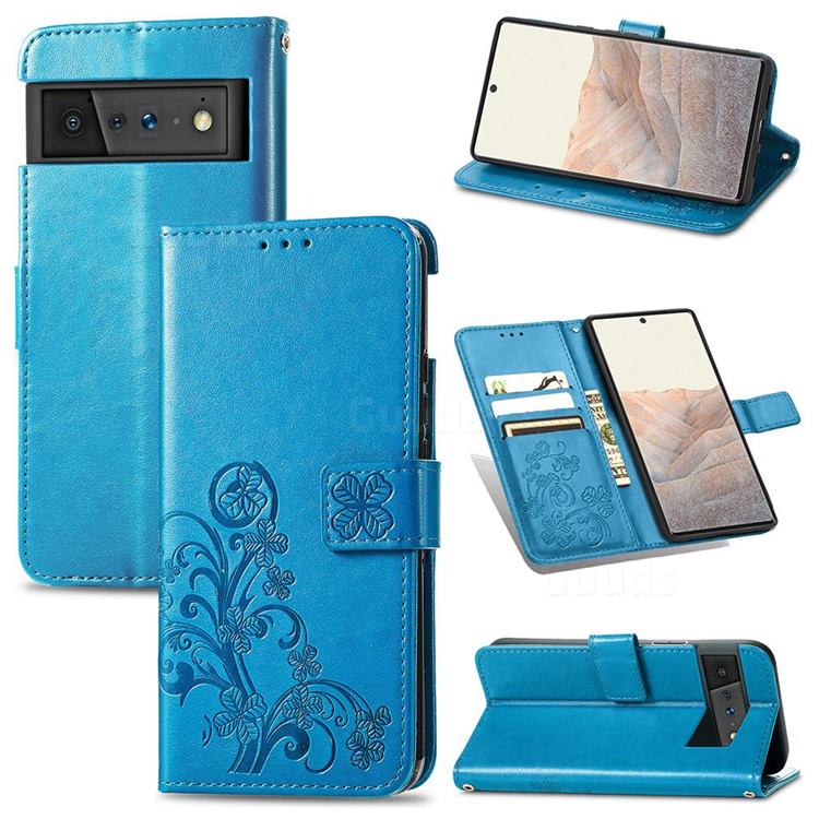 Embossing Imprint Four-Leaf Clover Leather Wallet Case for Google Pixel 6 Pro - Blue