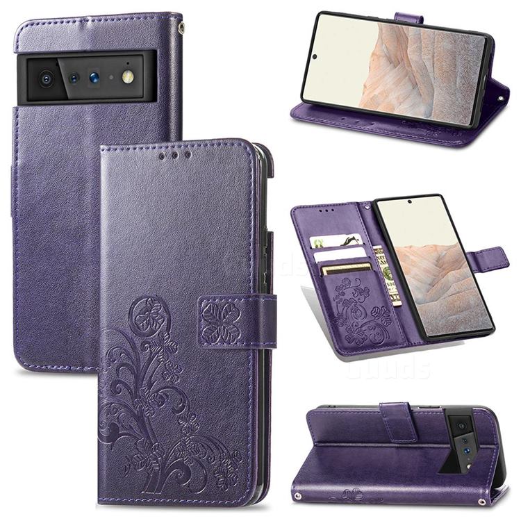 Embossing Imprint Four-Leaf Clover Leather Wallet Case for Google Pixel 6 Pro - Purple