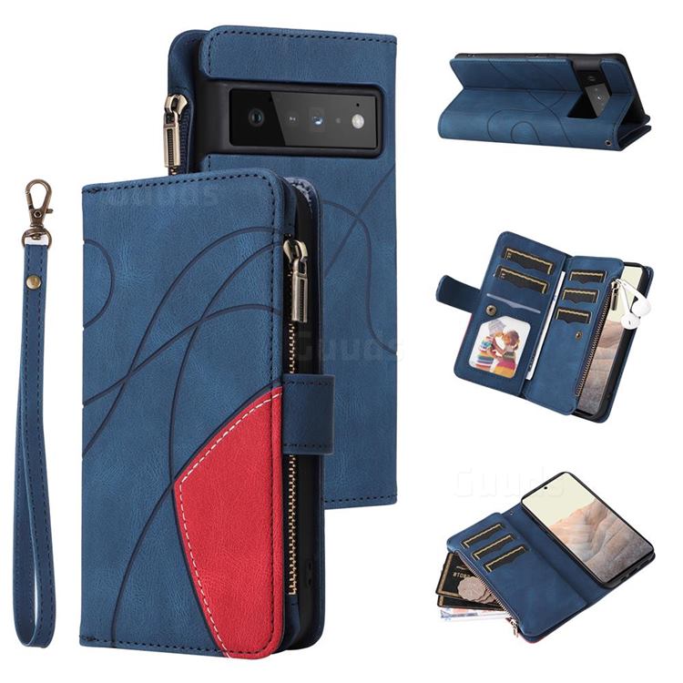 Luxury Two-color Stitching Multi-function Zipper Leather Wallet Case Cover for Google Pixel 6 Pro - Blue