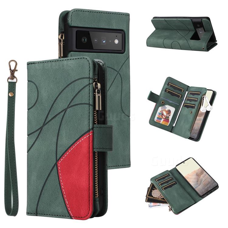 Luxury Two-color Stitching Multi-function Zipper Leather Wallet Case Cover for Google Pixel 6 Pro - Green