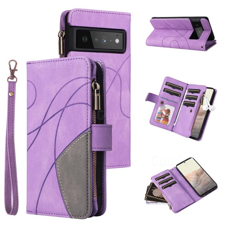 Luxury Two-color Stitching Multi-function Zipper Leather Wallet Case Cover for Google Pixel 6 Pro - Purple