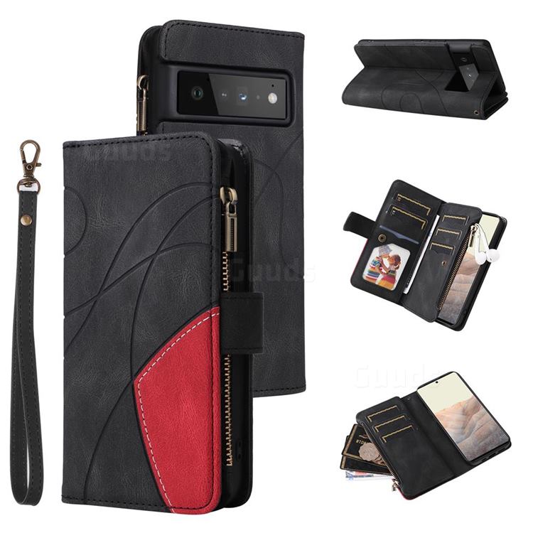Luxury Two-color Stitching Multi-function Zipper Leather Wallet Case Cover for Google Pixel 6 Pro - Black