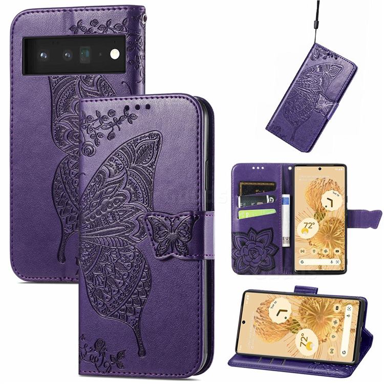 Embossing Mandala Flower Butterfly Leather Wallet Case for Google Pixel 6 Pro - Dark Purple