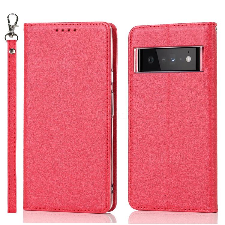 Ultra Slim Magnetic Automatic Suction Silk Lanyard Leather Flip Cover for Google Pixel 6 Pro - Red