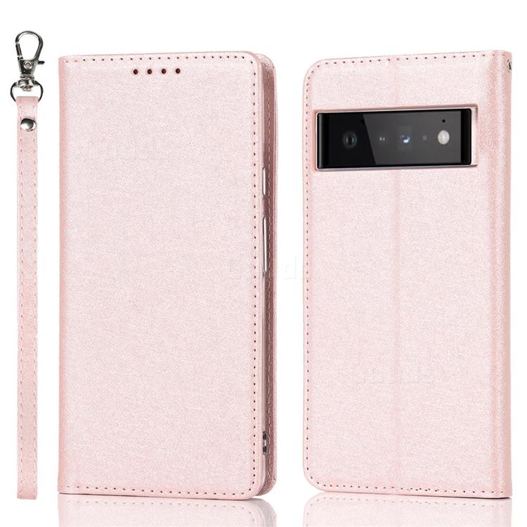 Ultra Slim Magnetic Automatic Suction Silk Lanyard Leather Flip Cover for Google Pixel 6 Pro - Rose Gold