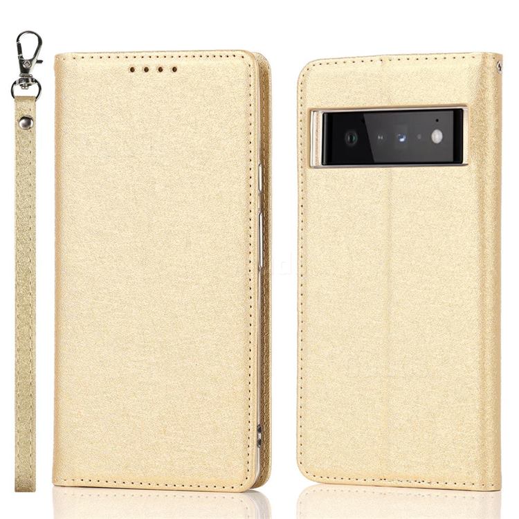 Ultra Slim Magnetic Automatic Suction Silk Lanyard Leather Flip Cover for Google Pixel 6 Pro - Golden