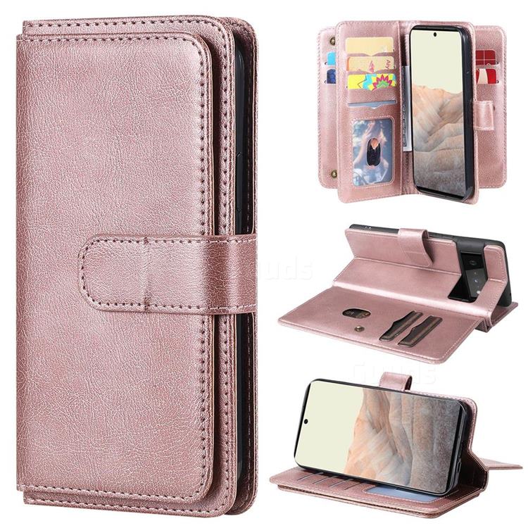 Multi-function Ten Card Slots and Photo Frame PU Leather Wallet Phone Case Cover for Google Pixel 6 Pro - Rose Gold