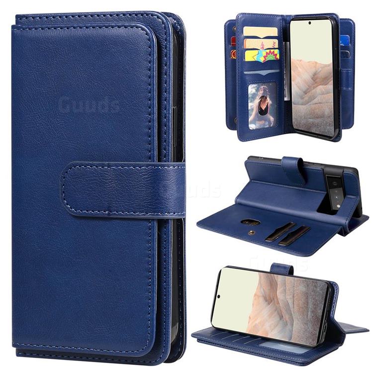 Multi-function Ten Card Slots and Photo Frame PU Leather Wallet Phone Case Cover for Google Pixel 6 Pro - Dark Blue