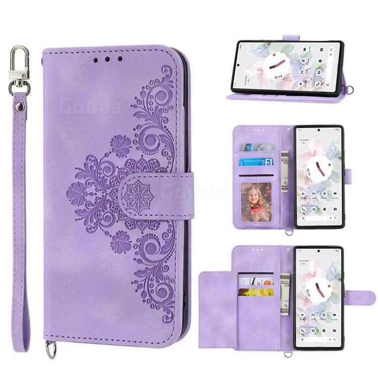 Skin Feel Embossed Lace Flower Multiple Card Slots Leather Wallet Phone Case for Google Pixel 6 Pro - Purple