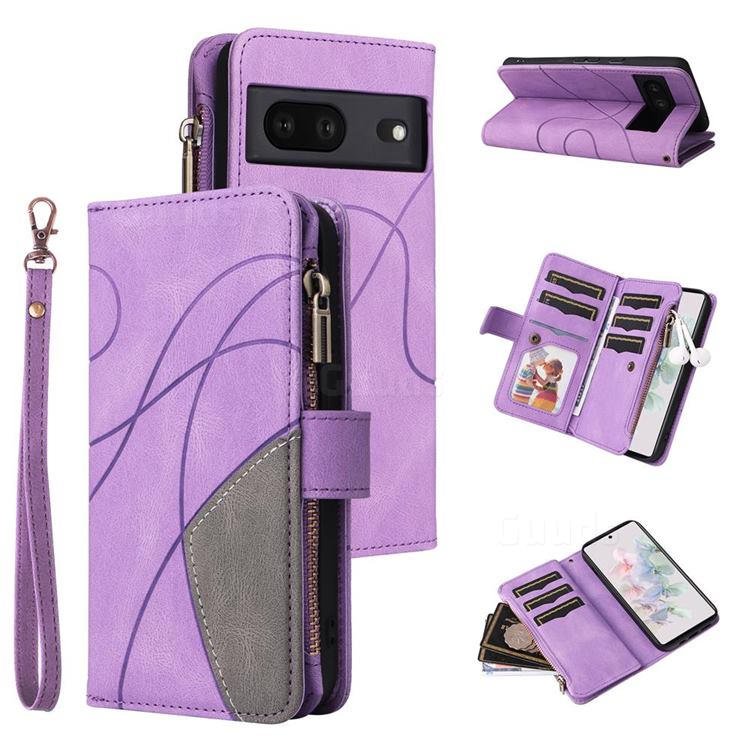 Luxury Two-color Stitching Multi-function Zipper Leather Wallet Case Cover for Google Pixel 7 - Purple