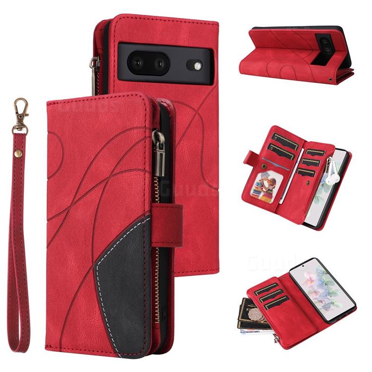 Luxury Two-color Stitching Multi-function Zipper Leather Wallet Case Cover for Google Pixel 7 - Red