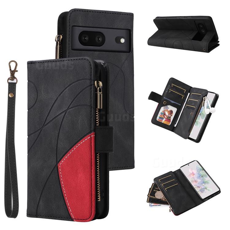 Luxury Two-color Stitching Multi-function Zipper Leather Wallet Case Cover for Google Pixel 7 - Black