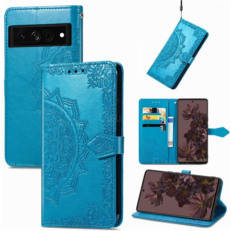 Embossing Imprint Mandala Flower Leather Wallet Case for Google Pixel 7 - Blue