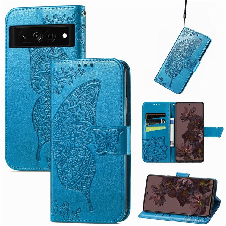 Embossing Mandala Flower Butterfly Leather Wallet Case for Google Pixel 7 - Blue