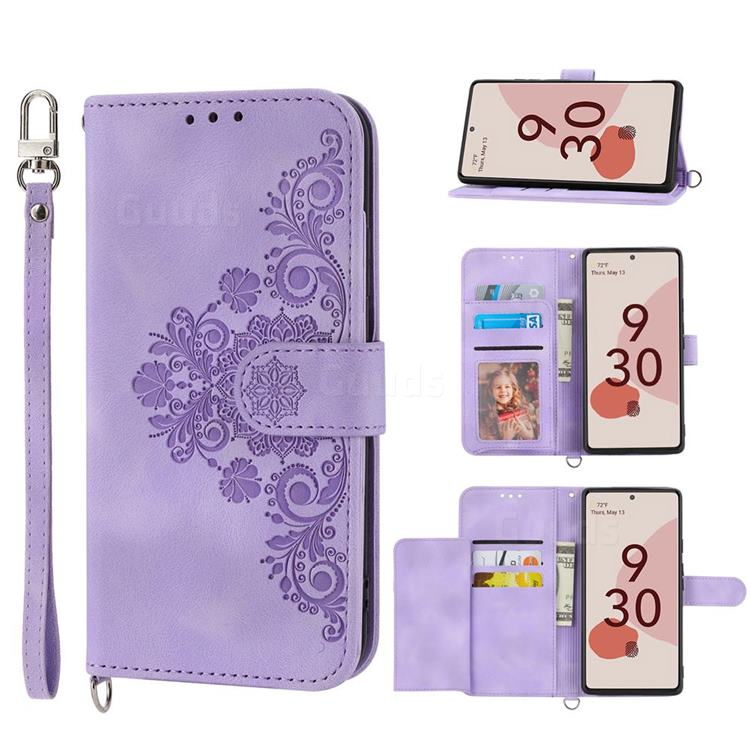 Skin Feel Embossed Lace Flower Multiple Card Slots Leather Wallet Phone Case for Google Pixel 7 - Purple