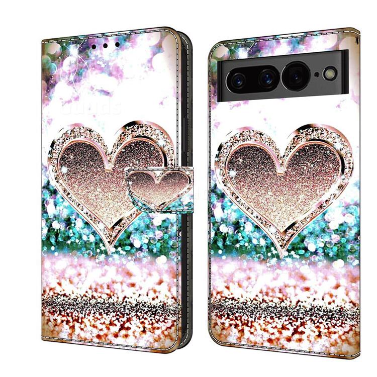 Pink Diamond Heart Crystal PU Leather Protective Wallet Case Cover for Google Pixel 7