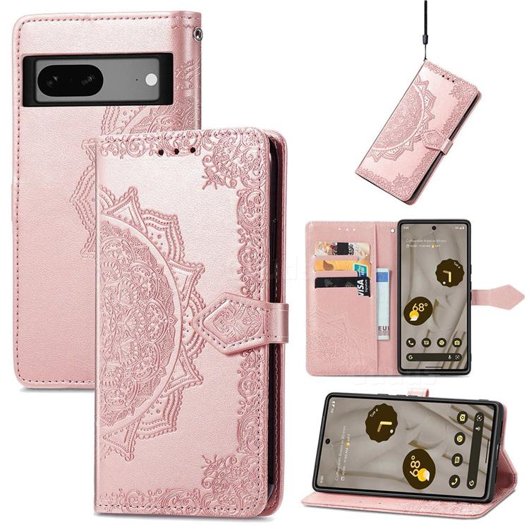 Embossing Imprint Mandala Flower Leather Wallet Case for Google Pixel 7A - Rose Gold