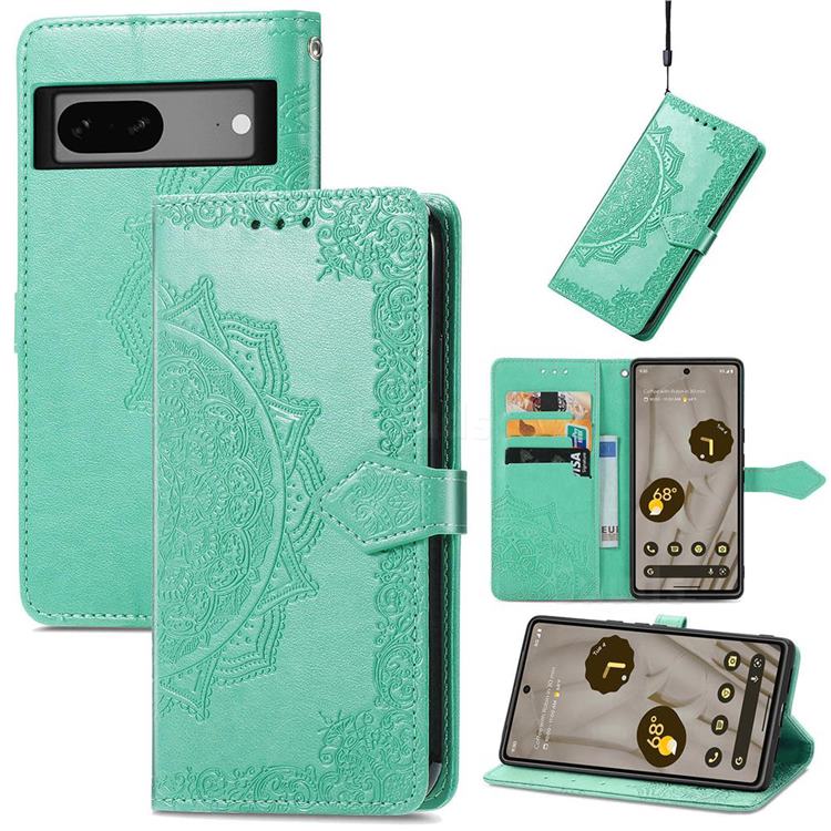 Embossing Imprint Mandala Flower Leather Wallet Case for Google Pixel 7A - Green